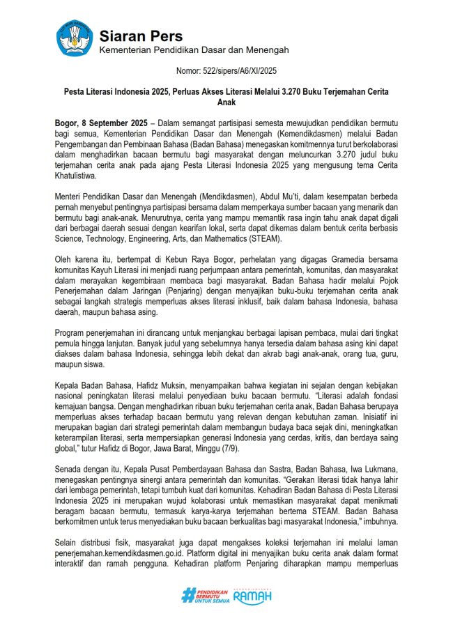 Siaran Pers 522 – Pesta Literasi Indonesia 2025, Perluas Akses Literasi Melalui 3.270 Buku Terjemahan Cerita Anak_001